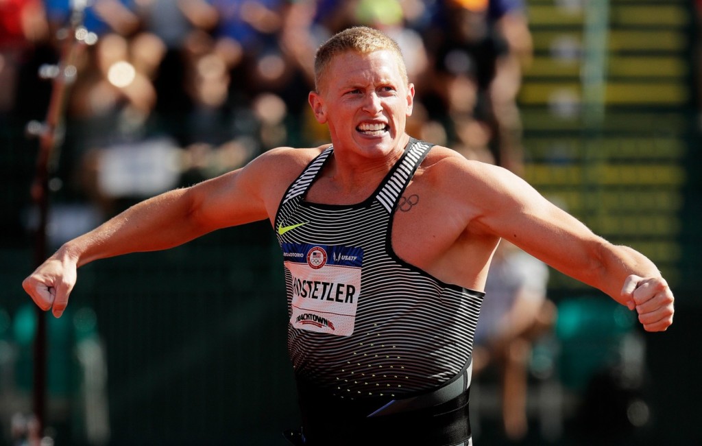 Cyrus Hostetler Celebrates Olympic Trials Gold Medal throw 83.24m in the javelin